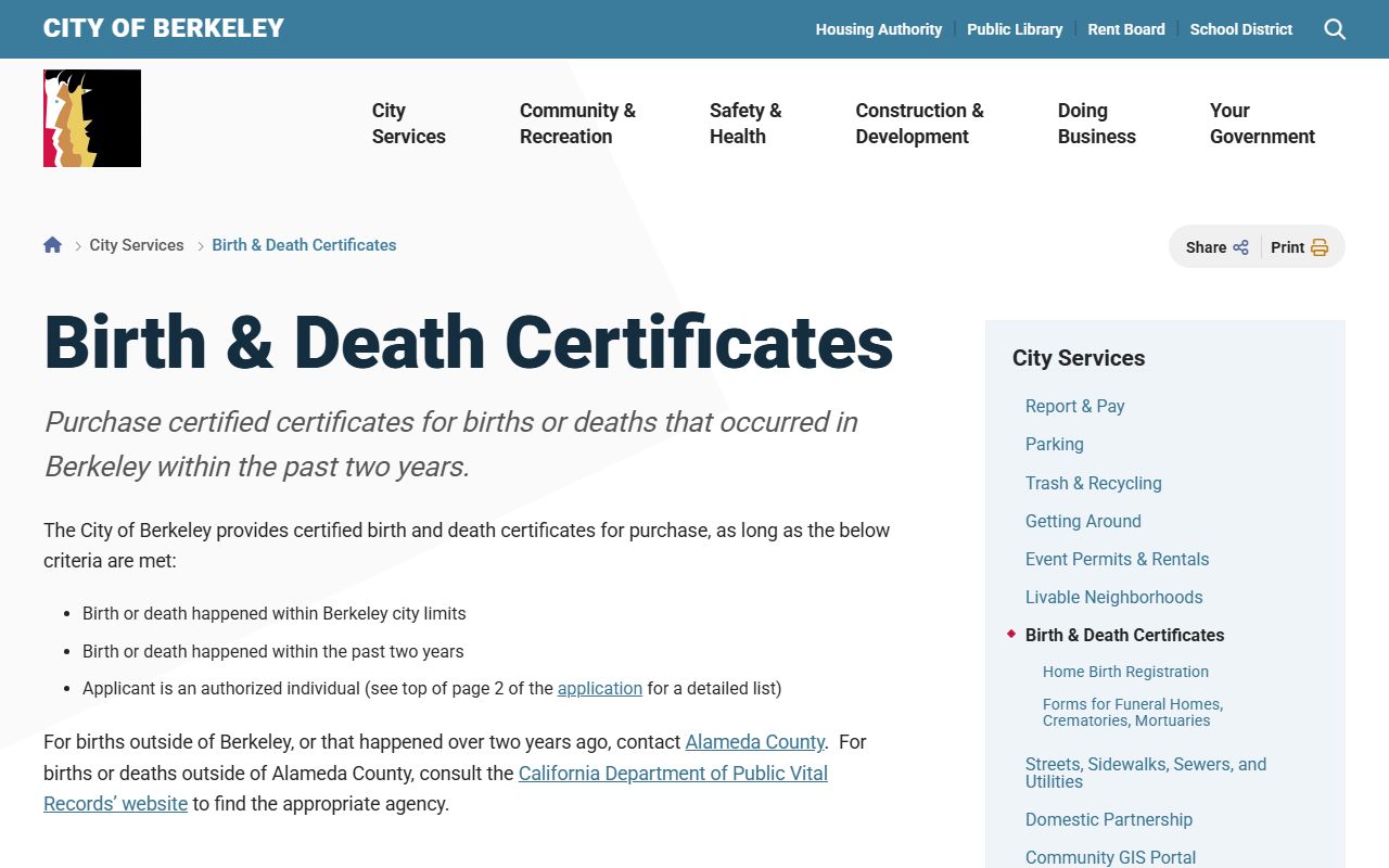 Berkeley City Vital Statistics page showing birth and death certificate services