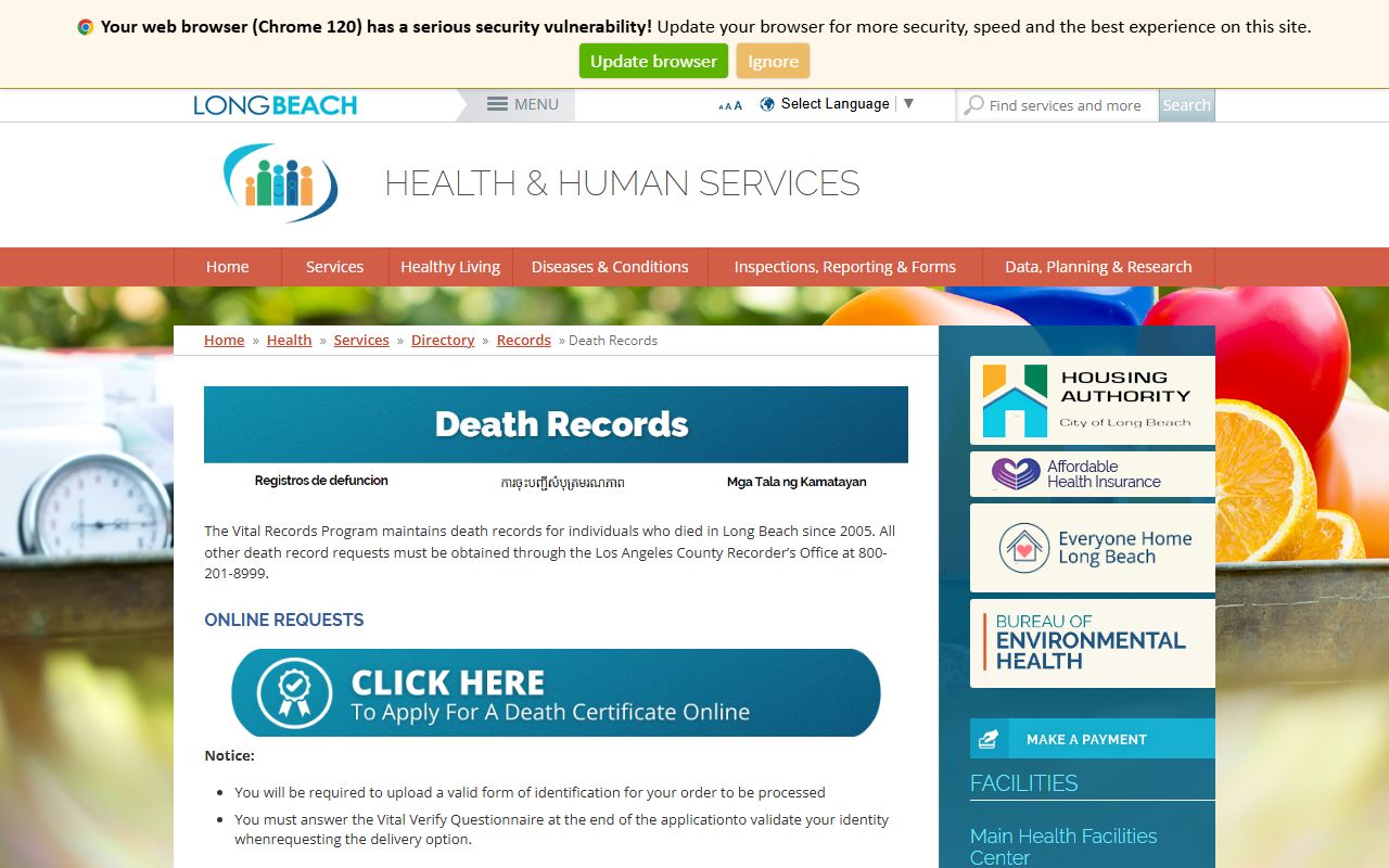 Long Beach Health Department death records page with ordering information