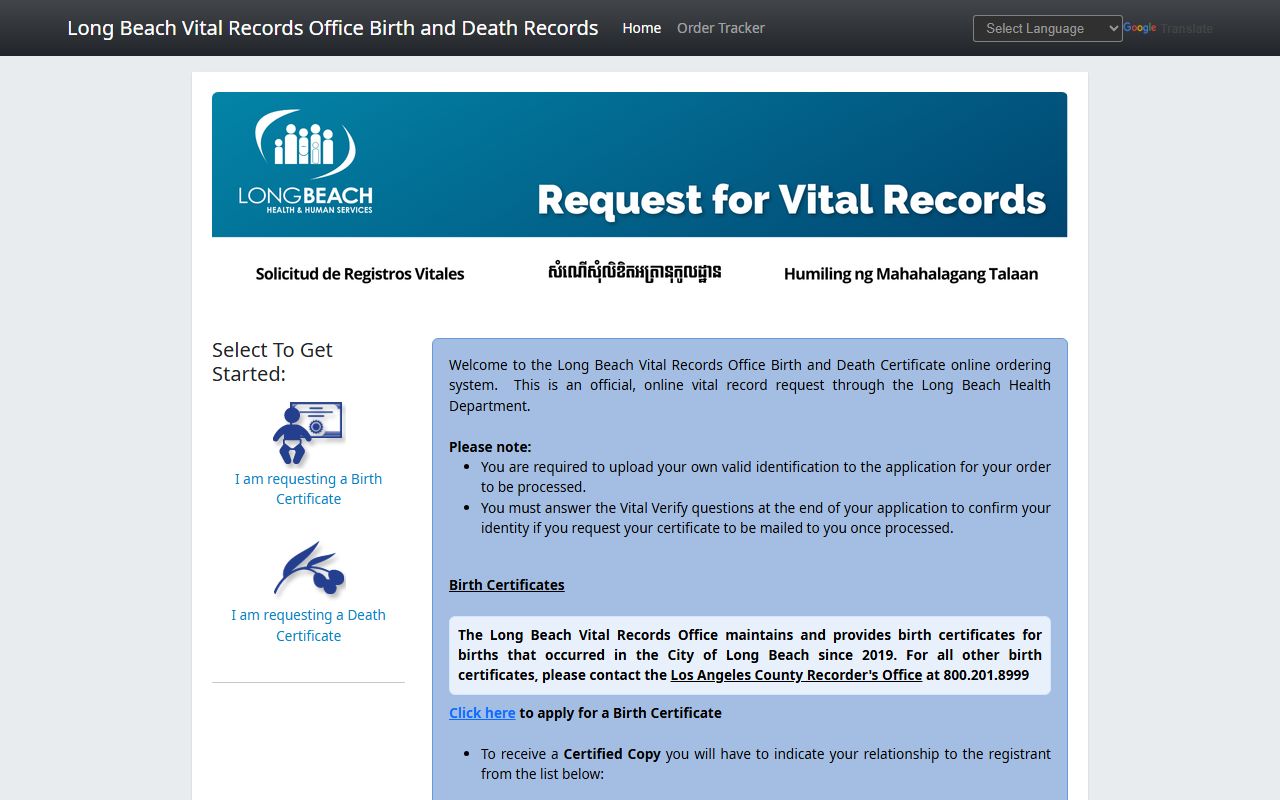 Long Beach vital records online portal for ordering death certificates