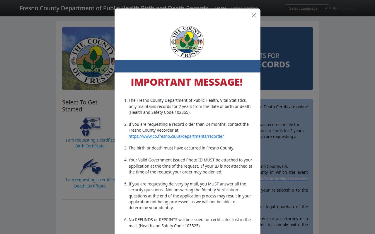 Fresno County online vital records ordering portal showing how to request death certificates