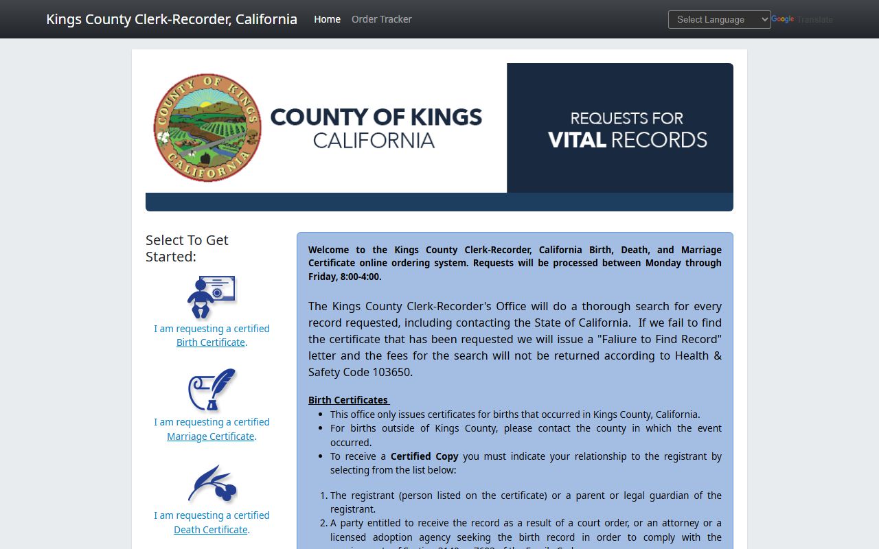 Kings County online vital records portal for ordering death certificates