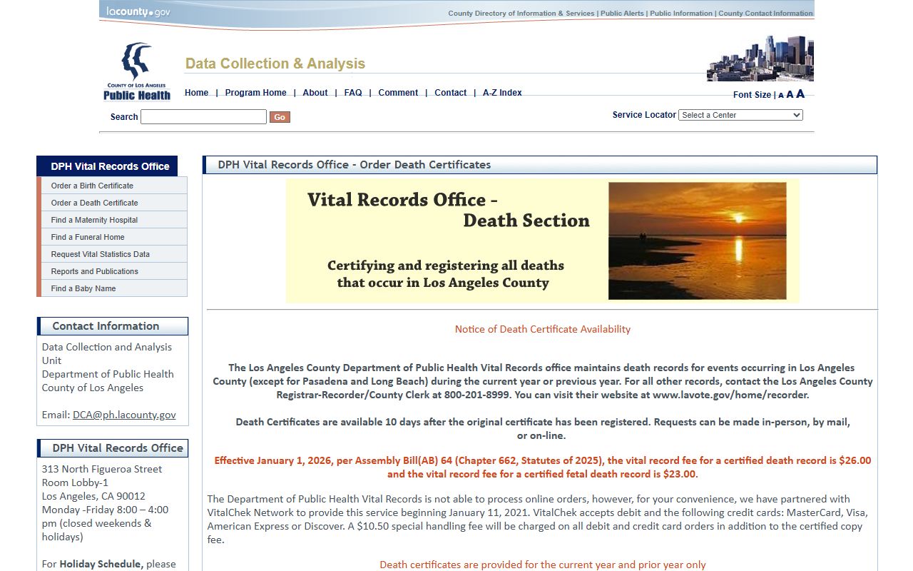 Los Angeles County Public Health death certificate page