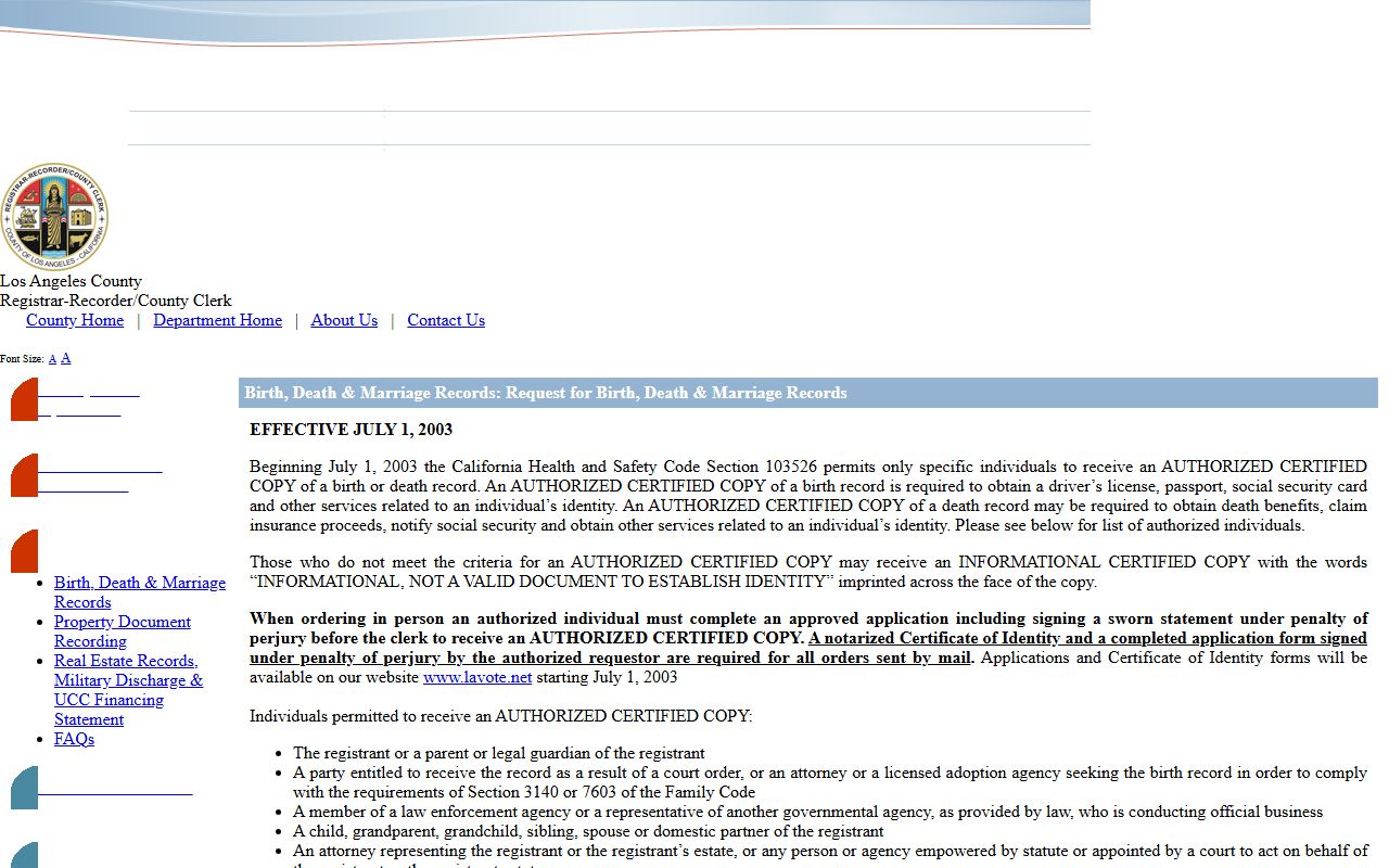 Los Angeles County vital records request information page