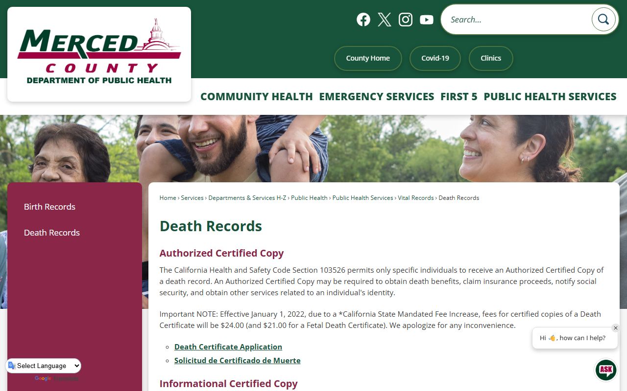 Merced County death records page showing ordering information and requirements