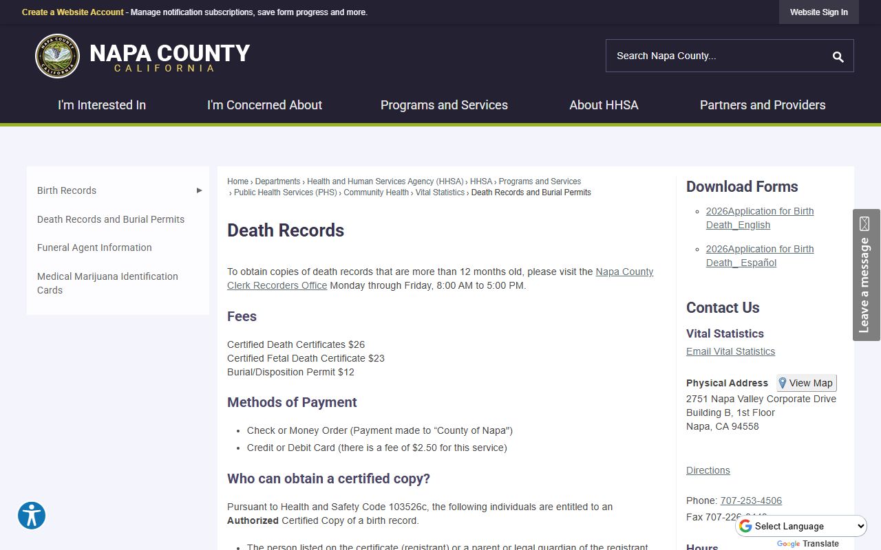 Napa County death records page showing fees and request process for death certificates