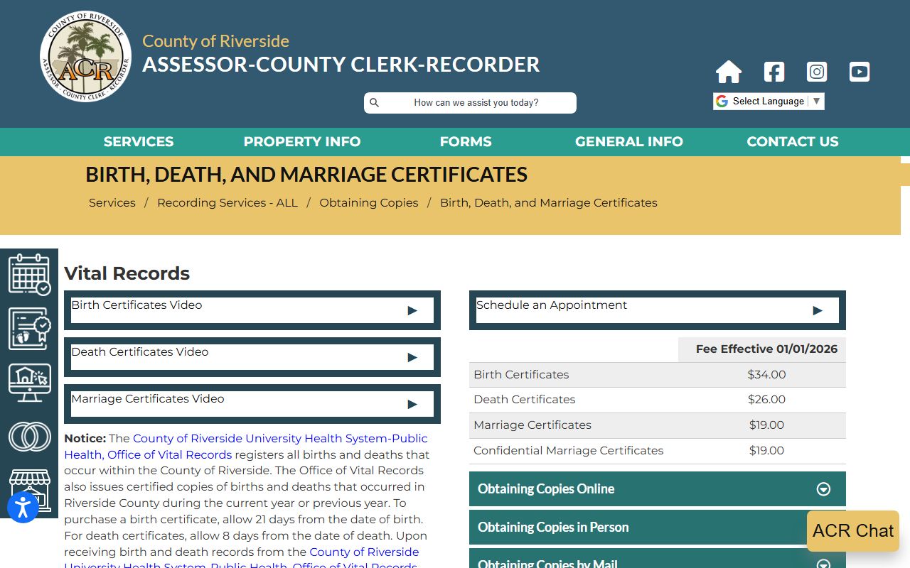 Riverside County Assessor County Clerk Recorder vital records page showing how to order death certificates