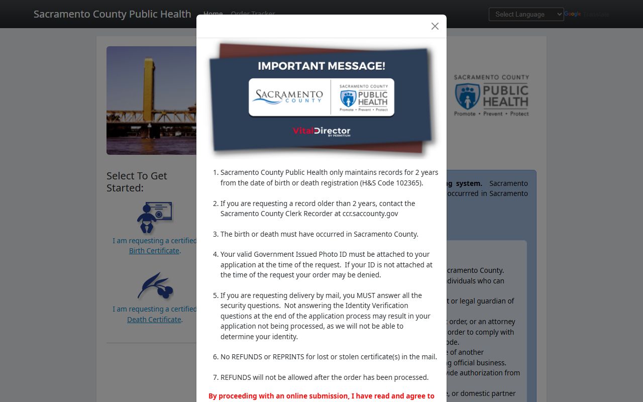 Sacramento County online vital records portal for ordering death certificates