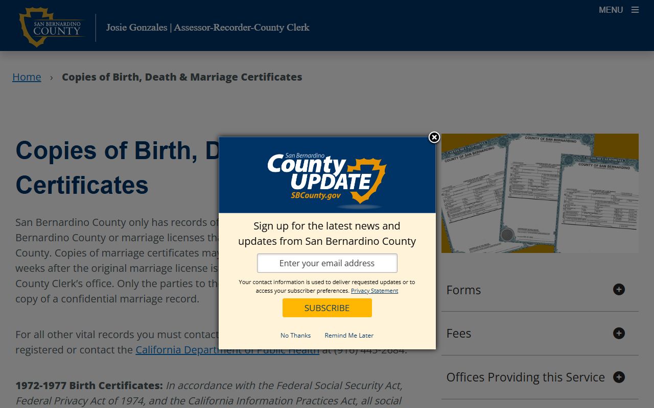 San Bernardino County Assessor Recorder County Clerk vital records page showing death certificate ordering