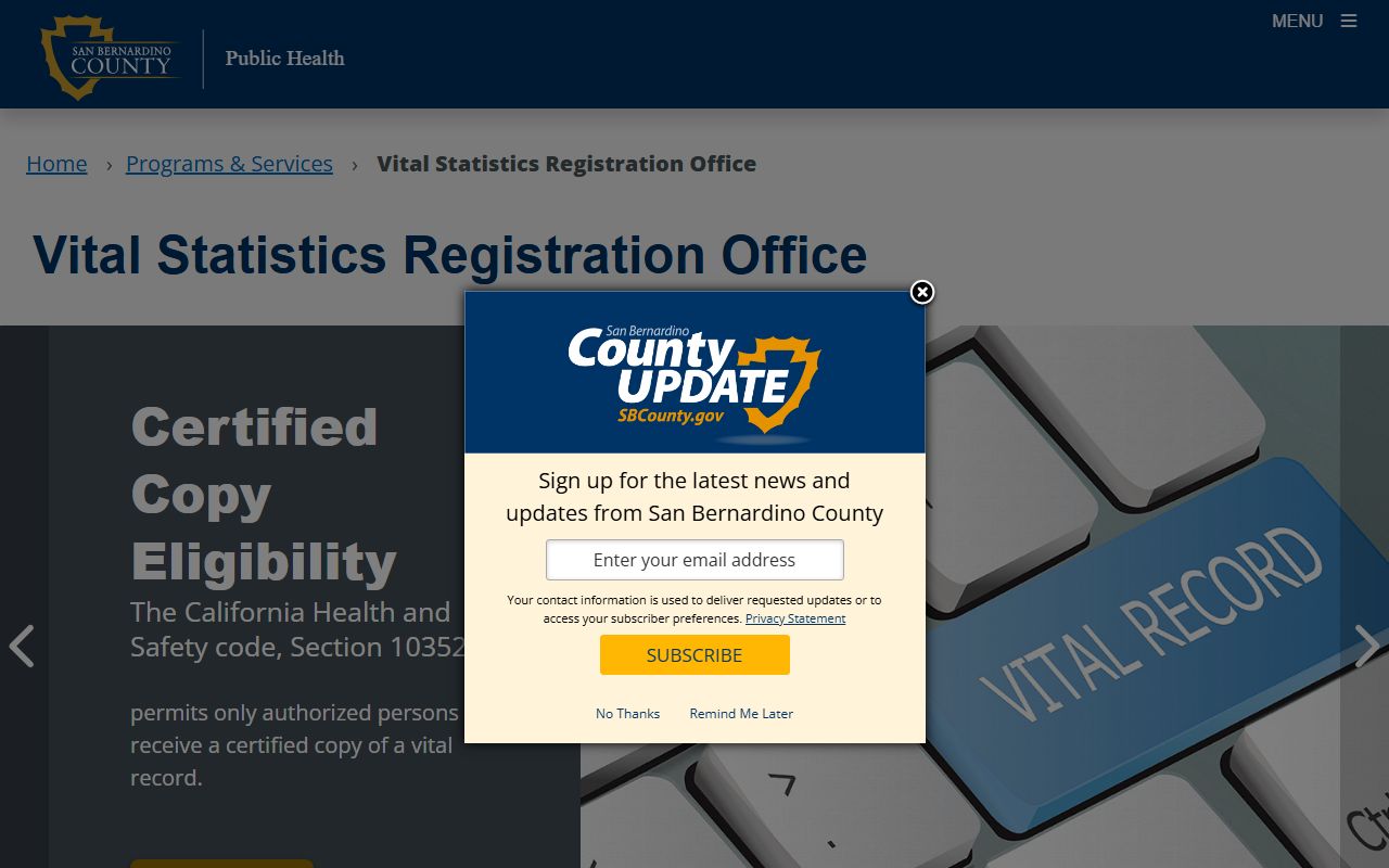 San Bernardino County Public Health Vital Statistics Registration Office portal for recent death records