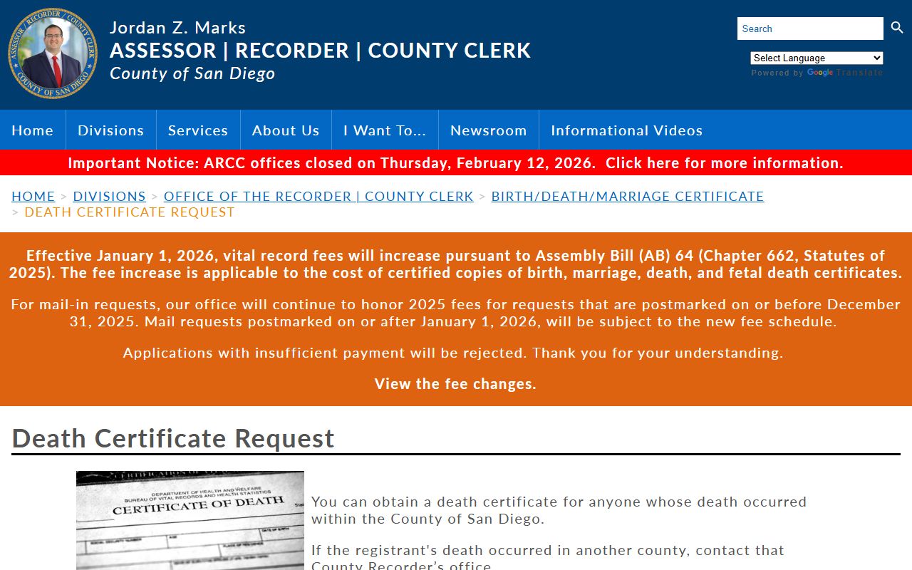 San Diego County assessor recorder clerk death certificate request page showing how to order records