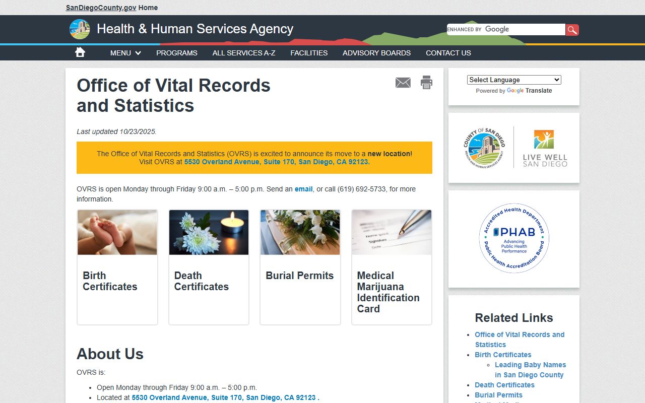 San Diego County Office of Vital Records and Statistics page with information about death certificates