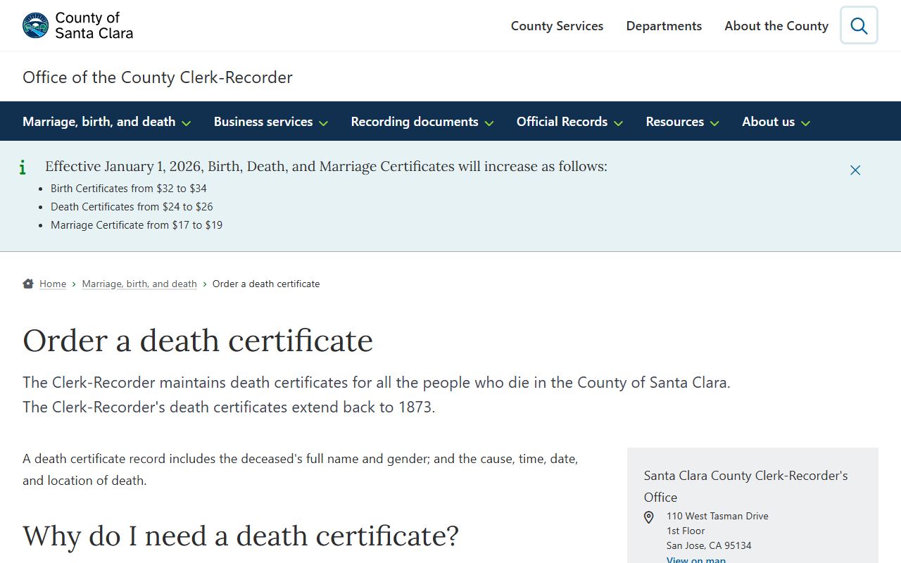 Santa Clara County death certificate order page showing request process and information