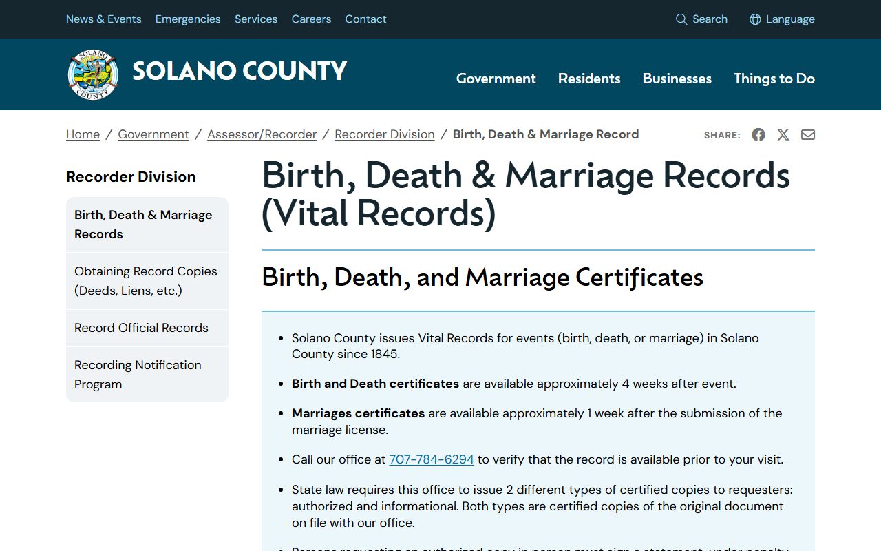 Solano County vital records page showing death certificate request information