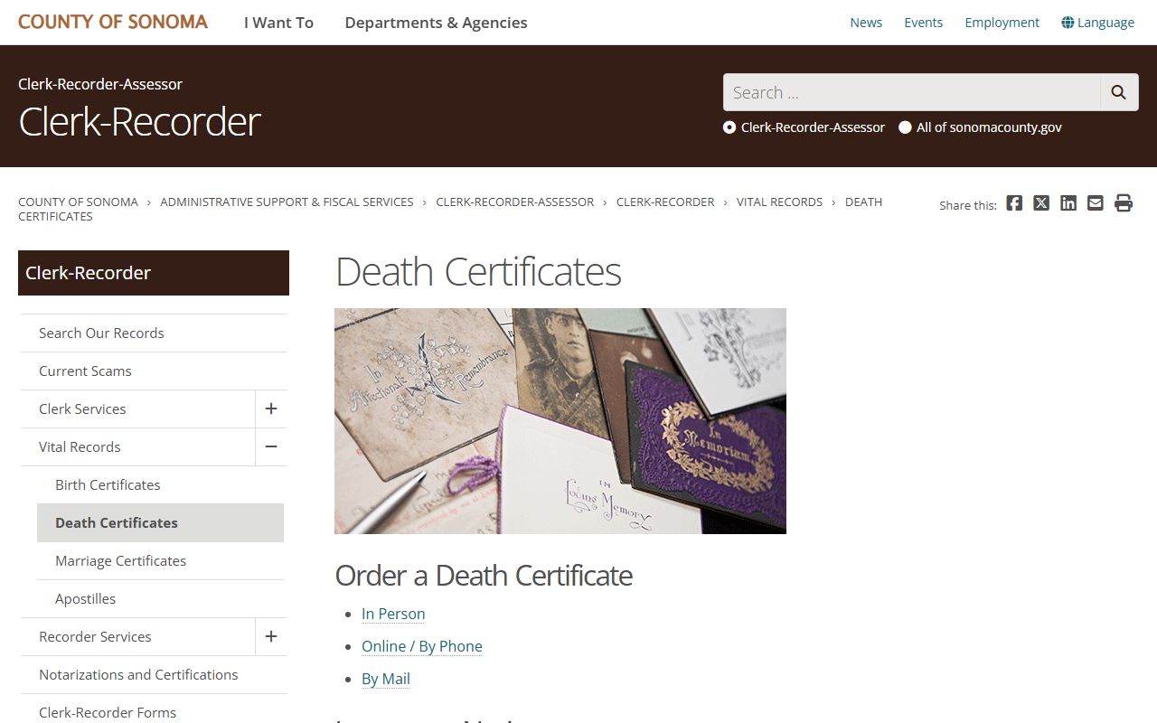 Sonoma County death certificates page showing request process and fees