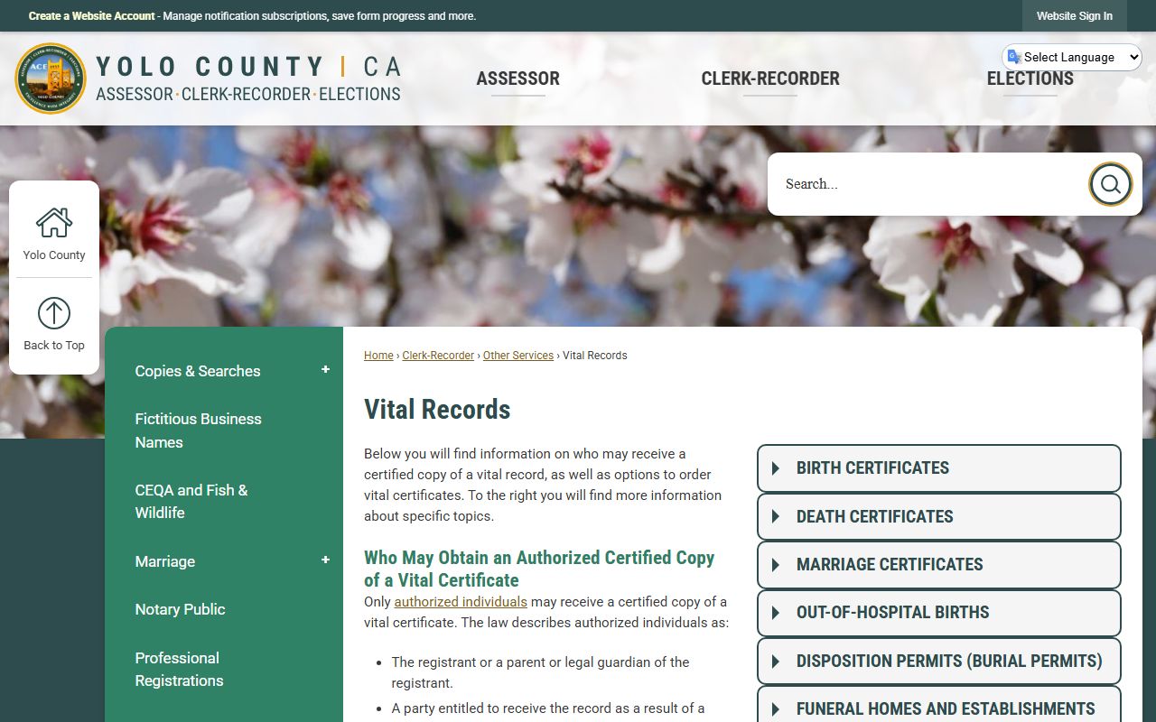 Yolo County vital records page showing death certificate ordering information