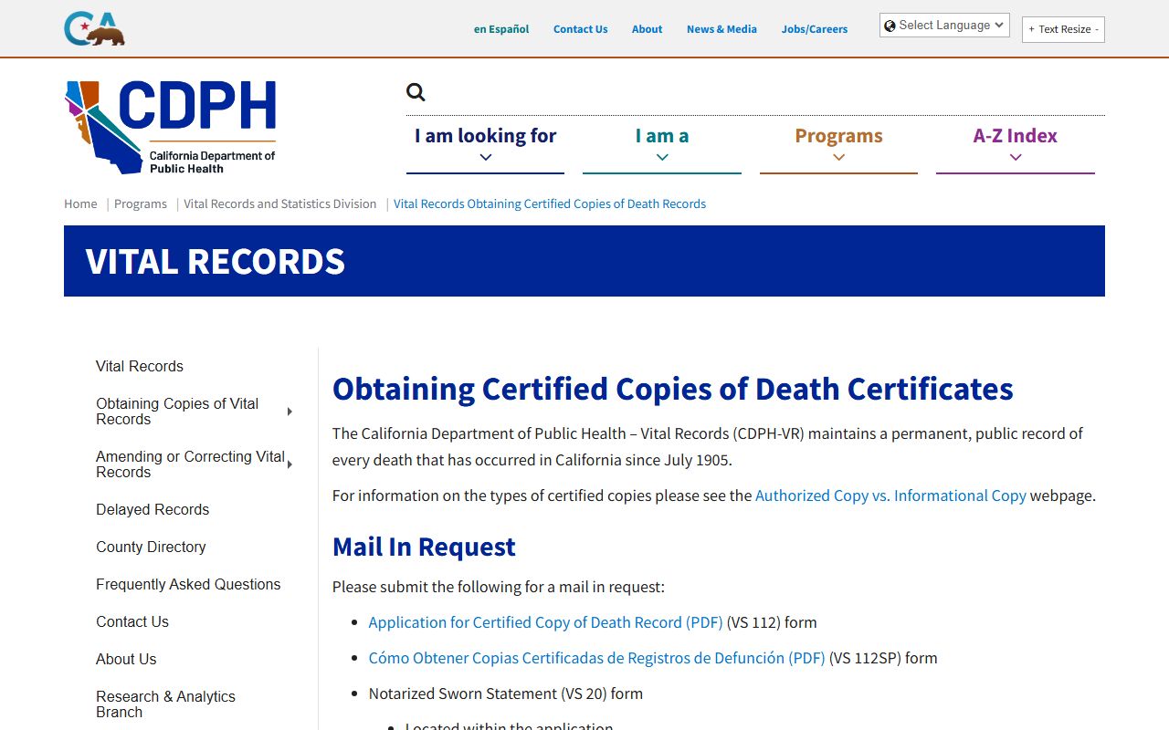 California Department of Public Health death records request page showing how to order death certificates