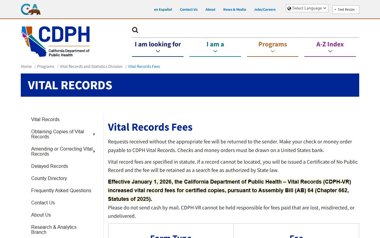 California vital records fees page showing current costs for death certificates and other records