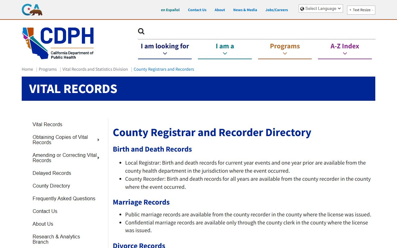 California county registrars and recorders directory listing all county vital records offices