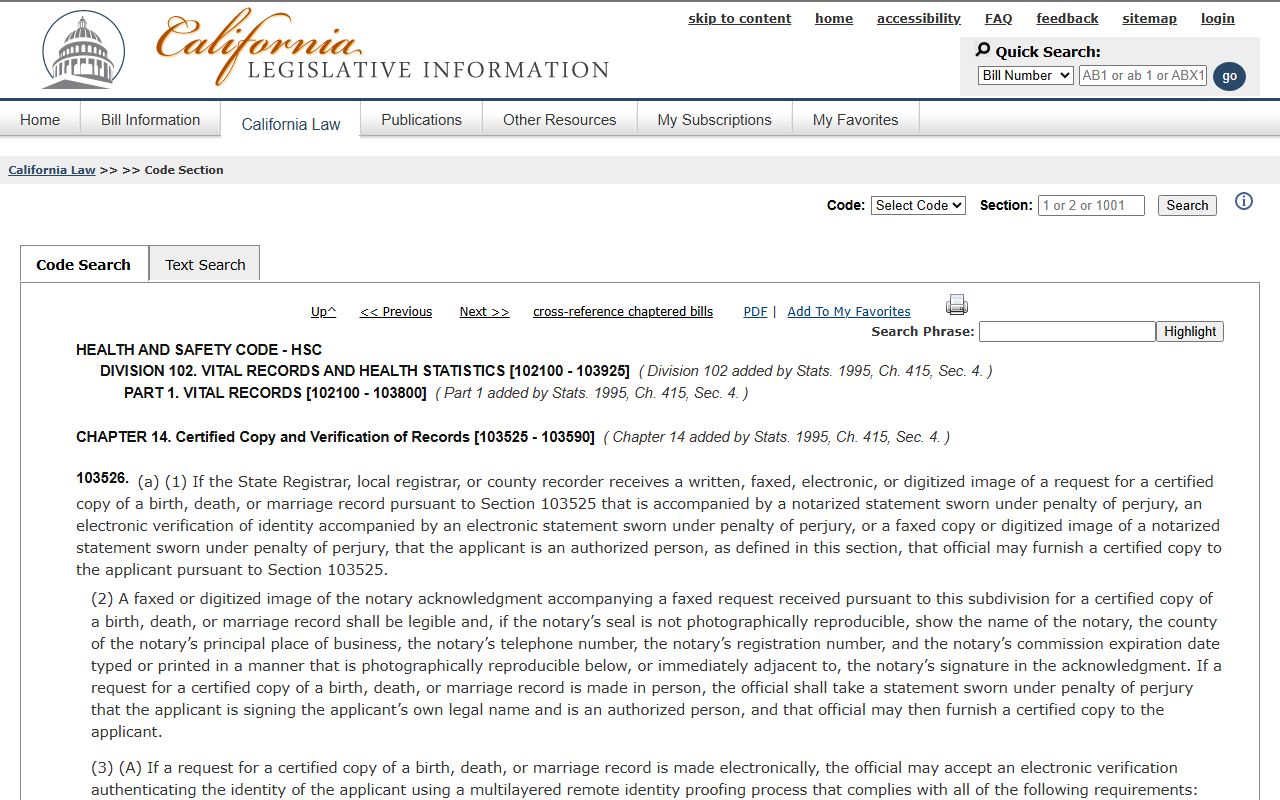 California Health and Safety Code Section 103526 showing authorized persons for death certificates