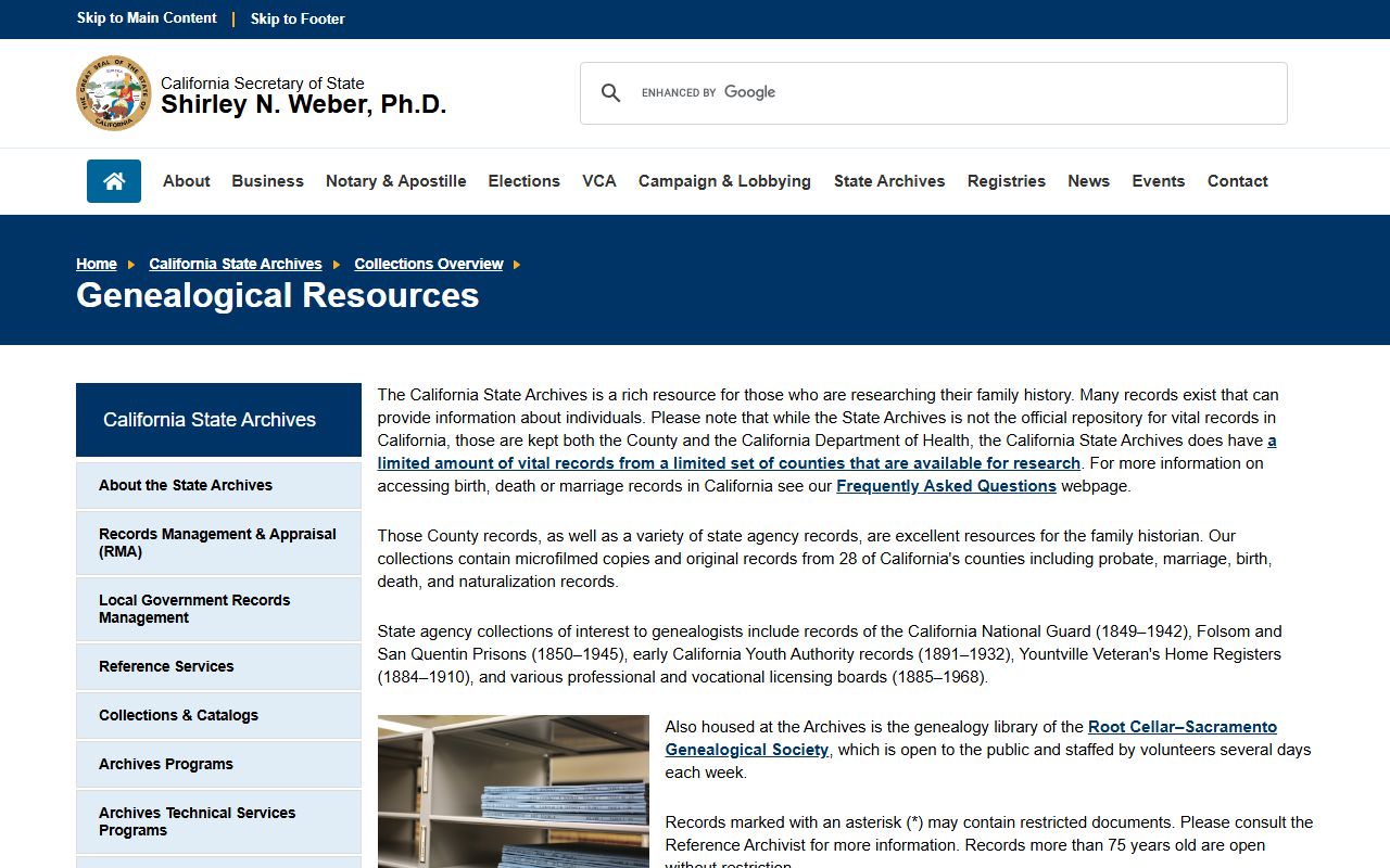 California State Archives family history resources page with genealogy and death record information